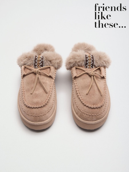 Taupe - Friends Like These Suedette Faux Fur Lined Whipstitch Mule Slippers