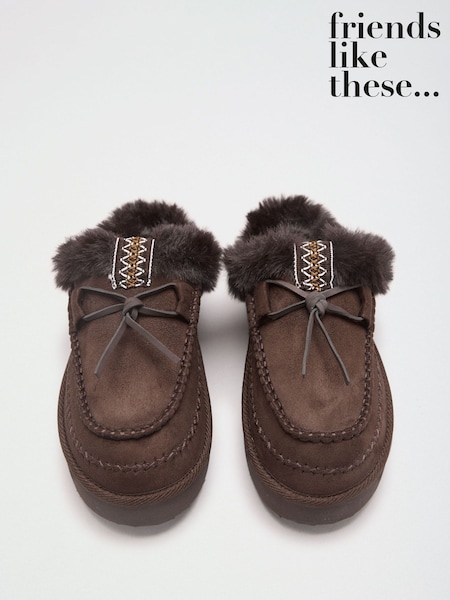 Chocolate Brown - Friends Like These Suedette Faux Fur Lined Whipstitch Mule Slippers