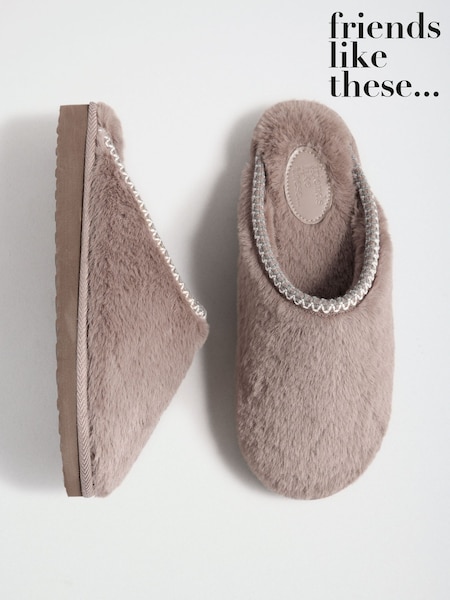 Taupe - Friends Like These Faux Fur Tape Detail Mule Slippers