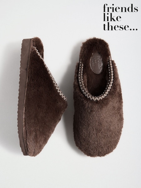 Chocolate Brown - Friends Like These Faux Fur Tape Detail Mule Slippers