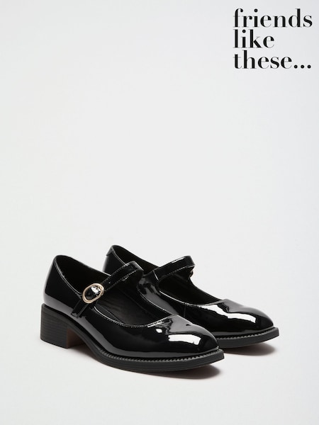 Black - Friends Like These Low Block Heel Buckle Patent Faux Leather Maryjane Shoes