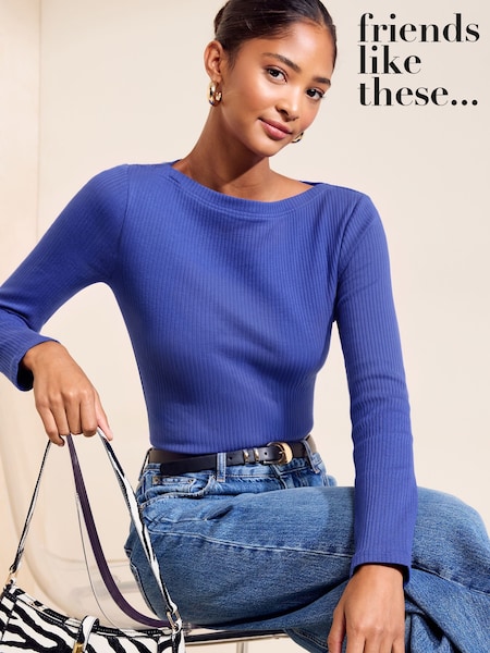 Cobalt Blue - Friends Like These Long Sleeve Ribbed Boat Neck T-shirt