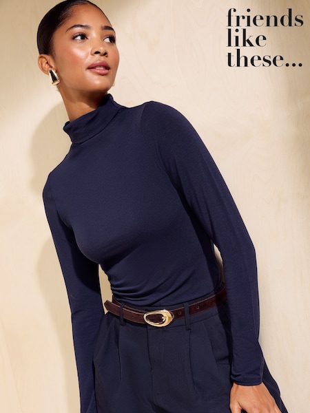 Navy - Friends Like These Jersey Roll Neck Top