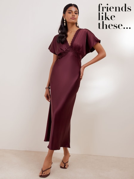 Berry Red - Friends Like These Satin Lace Trim Batwing Midi Dress
