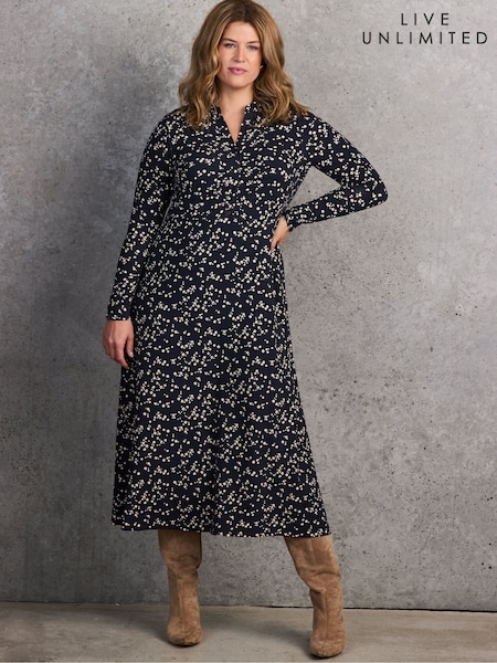 Live Unlimited Navy Ditsy Print Gathered Shirt Dress (V54715) | kr1 084