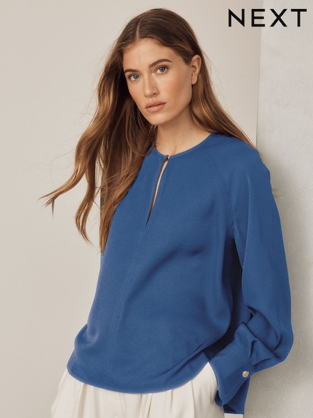 Синій - Long Sleeve V-neck Overhead Blouse
