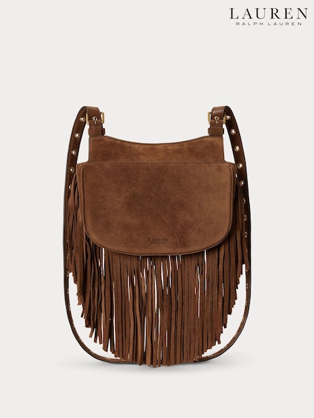 Brown - Lauren Ralph Lauren Marcy Fringed Suede Cross-body Medium Saddle Bag