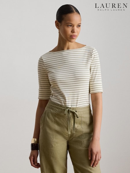 Cream - Lauren Ralph Lauren Judy Striped Stretch Cotton Boat Neck Mid Sleeve T-shirt