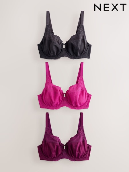 Grey/Purple/Pink - Dd+ Lace Trim Non Padded Full Cup Underwired Bras 3 Pack