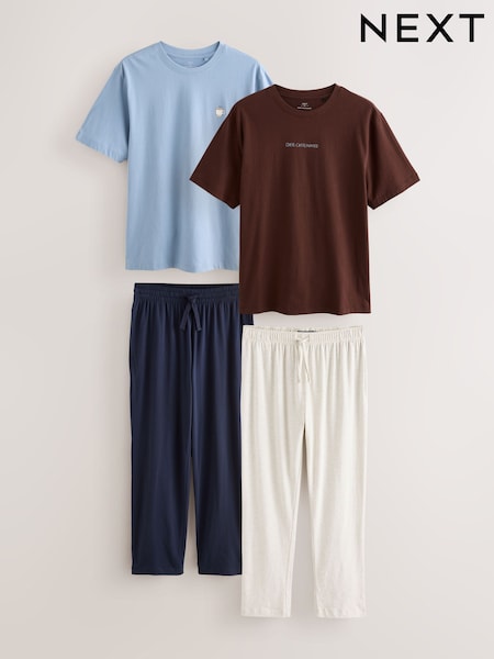 أزرق/بني بطبعة قهوة - Regular Jersey Pyjamas Set 2 Pack