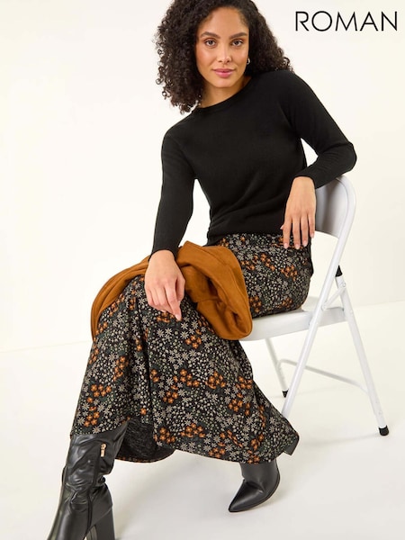 Roman Orange Ditsy Floral Print Stretch Midi Skirt (V55668) | €57