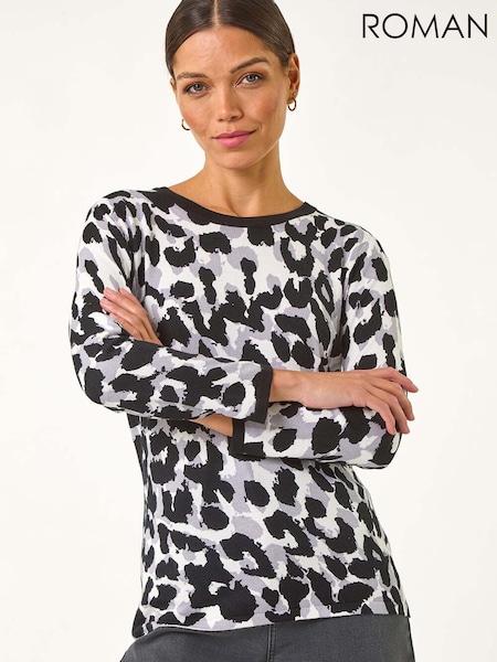 Roman Black Animal Print 3/4 Sleeve Knit Jumper (V55806) | $80