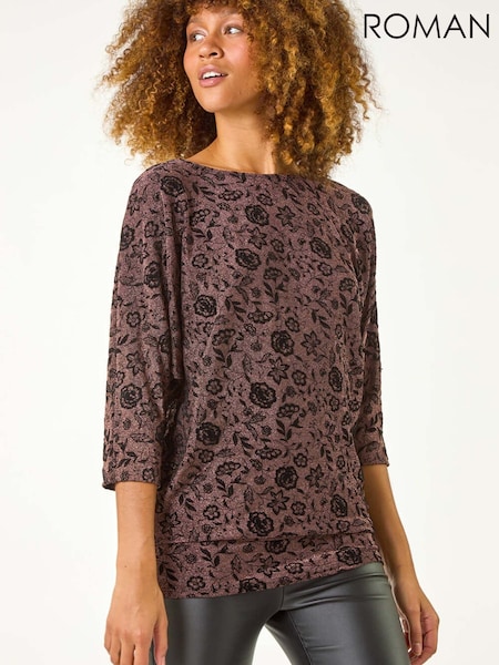 Roman Metallic Floral Print Banded Glitter Top (V55820) | €82