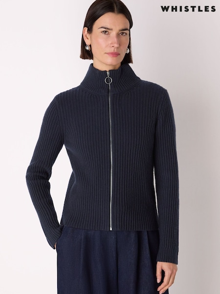 Whistles Blue Wool Zip Front Rib Cardigan (V55835) | €158