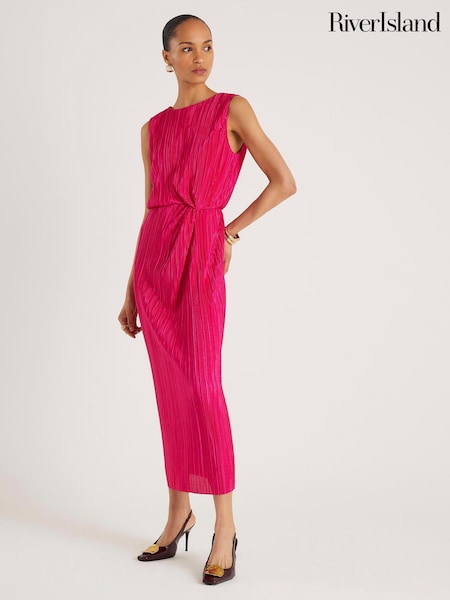 River Island Pink Plisse Knot Side Midi Dress (V55884) | AED280