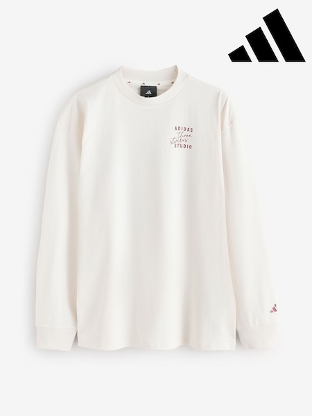 adidas White 3 Stripe Studio Graphic Long Sleeve Top (V55898) | AED192
