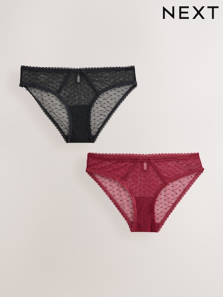 Black/Red - Spot Mesh Brazlian Knickers 2 Pack
