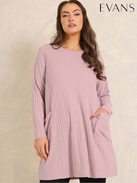 Evans Pink Ribbed Drop Pocket Tunic Jumper (V56193) | AED227