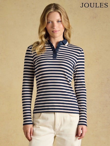 海军蓝/燕麦灰 - Joules Fairfield Ribbed Long Sleeve Collared Jersey Top