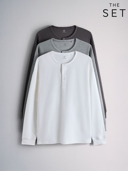 Black/Grey - Regular The Set 3 Pack Long Sleeve Waffle Henley T-shirts