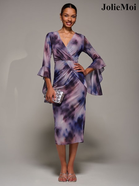 סגול - Jolie Moi Ruffle Sleeve Ruched Mesh Bodycon Dress (V56236) | ‏342‏₪