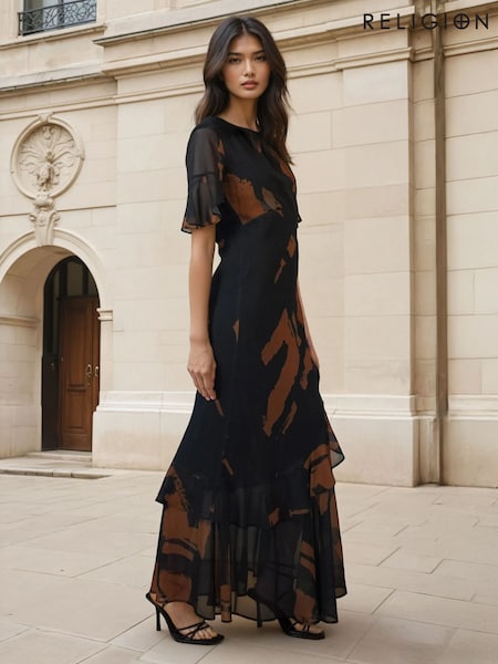 Religion Black Sophisticated Liv Maxi dress with delicate frills in abstract print (V56252) | $294