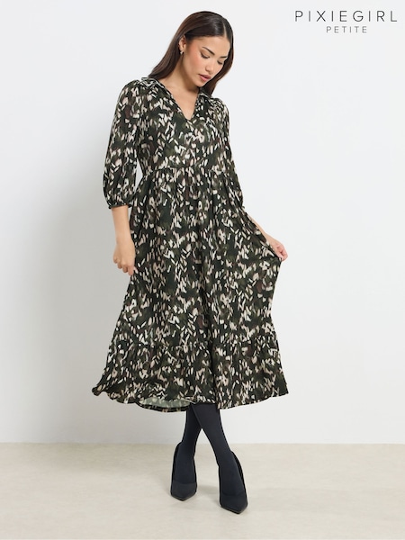 PixieGirl Petite Green Animal Midaxi Dress (V56320) | AED204