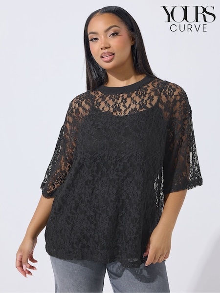 Yours Curve Black Limited All Over Lace T-Shirt (V56323) | AED128