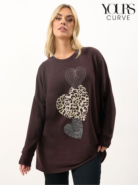Yours Curve Brown Placement Animal Heart Jumper (V56347) | $85