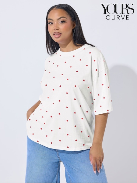 Yours Curve White Limited Mini Heart Puff All Over Print Boxy T-Shirt (V56358) | AED116