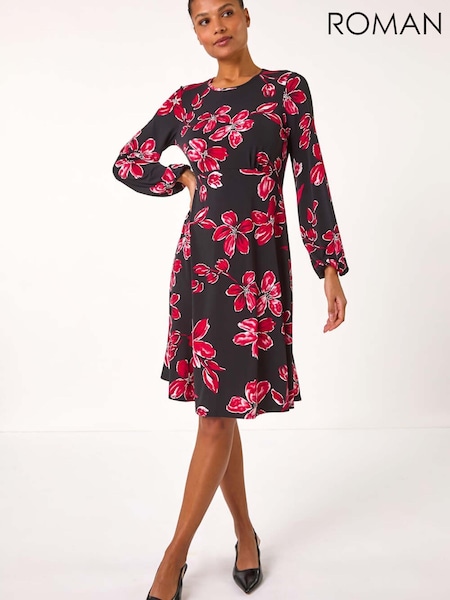 Roman Floral Print Tea Stretch Dress (V56673) | kr892