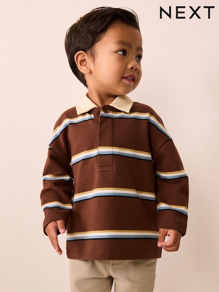 Brown/Cream - Long Sleeve Rugby Polo Top (3mths-7yrs)