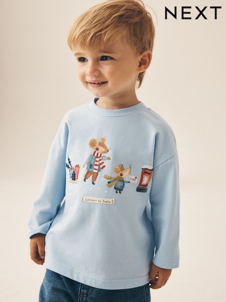 Hellblauer bestickter Letter to Weihnachtsmann Mouse - Long Sleeve Christmas T-shirt (3mths-7yrs)