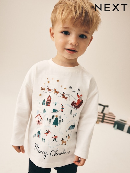 Crema/blanco con escena bordada - Long Sleeve Christmas T-shirt (3mths-7yrs)
