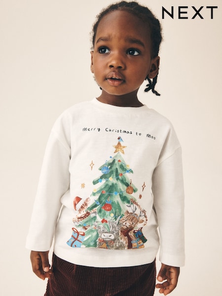 White Hamish Watercolour - Long Sleeve Christmas T-shirt (3mths-7yrs)