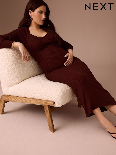 Burgundy Red - Maternity Ribbed Knit Balloon Sleeve Midaxi Dress