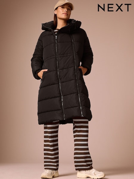 Black - Maternity Shower Resistant Hooded Long Wadded Coat