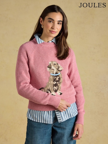 Pink - Joules Dashchund Dog Cotton Blend Crew Neck Knitted Jumper