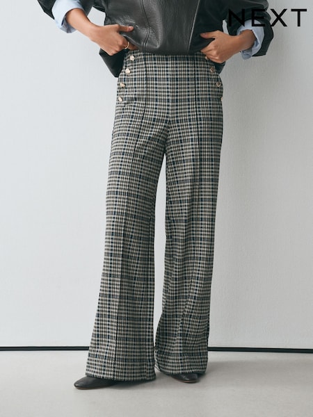 Ecru/Blue/Black Check - Ponte Wide Leg Trousers With Button Detailing