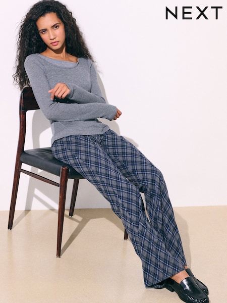 Blue/Grey Check - Pintuck Ponte Bootcut Trousers