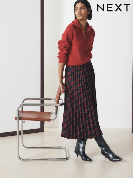 Red/Navy Blue Check - Pleated Midi Skirt