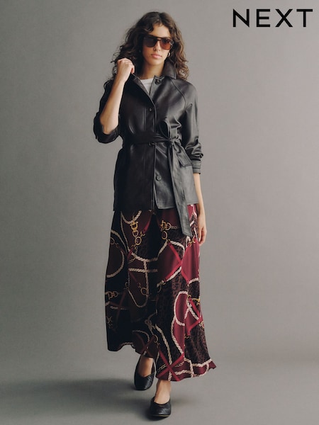 Burgundy Red Print - Matte Satin Midi Skirt