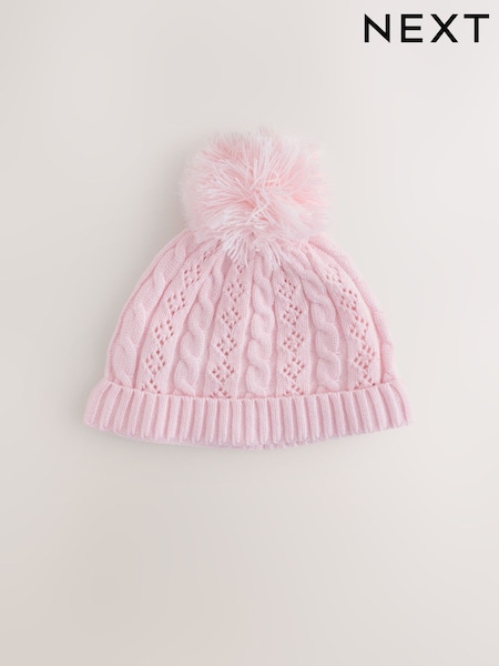 Pink Cable Knitted Pom - Cable Knitted Pom Baby Beanie Hat