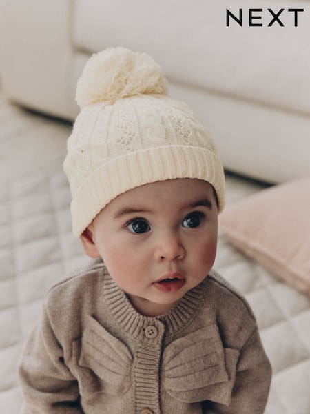 乳白色 - Cable Knitted Pom Baby Beanie Hat