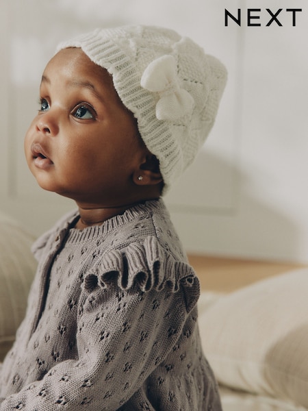 Cream Pointelle - Knitted Bow Baby Beanie