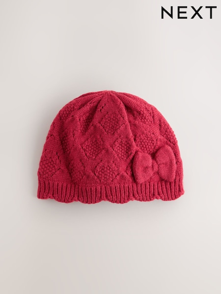 Red Pointelle Bow - Knitted Bow Baby Beanie