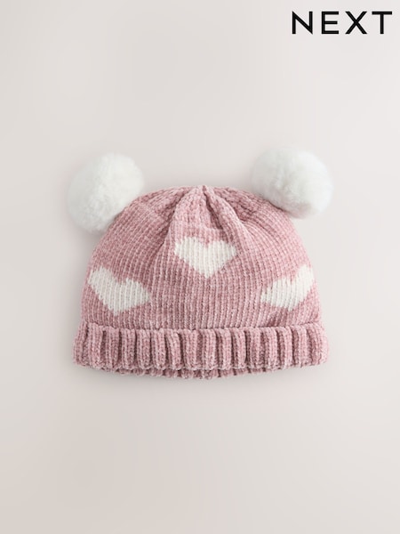 ប៉ាក់ Chenille បេះដូងពណ៌ផ្កាឈូក - Double Pom Baby Beanie