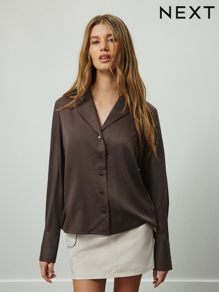 Chocolate Brown - Soft Revere Collar Long Sleeve Shirt