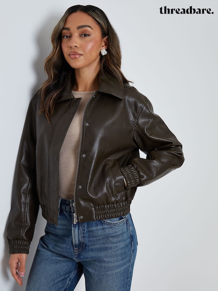 棕色 - Threadbare Faux Leather Bomber Jacket with Collar (V58604) | HK$566
