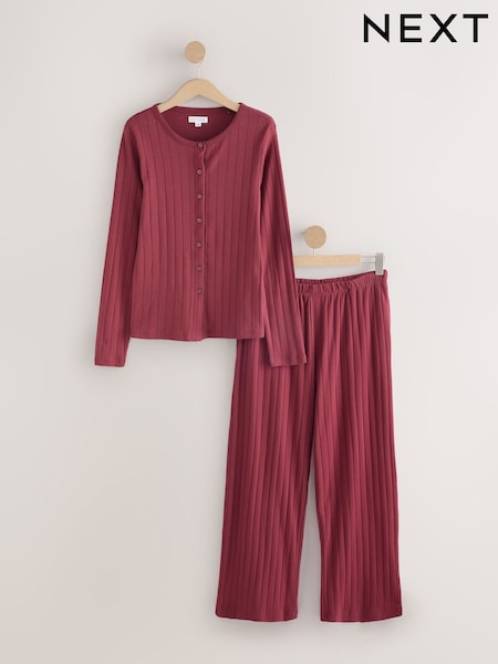 Burgundijas sarkans - Ribbed Button Down Long Sleeve Pyjamas